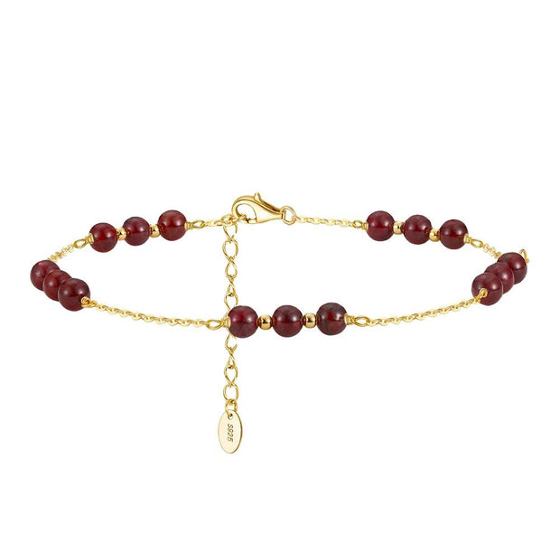 Elegant Red Garnet Beaded Sterling Silver Anklet