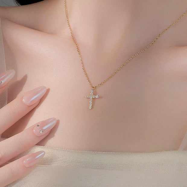 Sterling Silver Cross Zircon 18K Gold-Plated Necklace