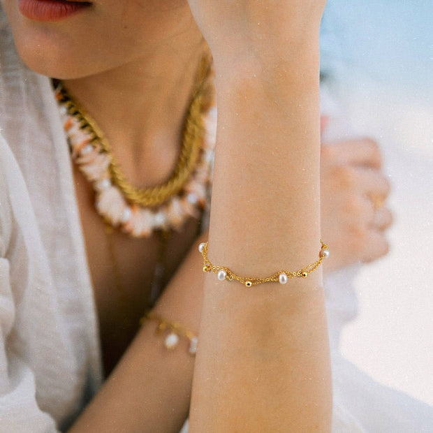 Sterling Silver Double Chain Bracelet with Freshwater Pearl and Gold-Plated Beads,