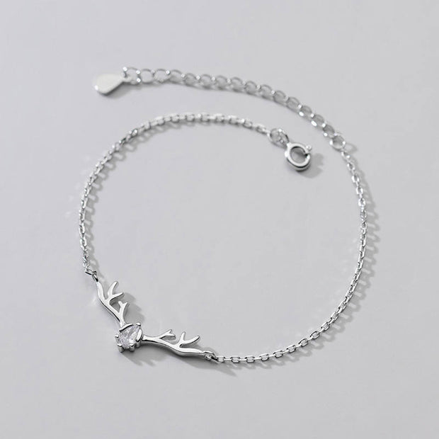 925 Sterling Silver Antler Bracelet - Elk Deerhorn Diamond Charm Bracelet