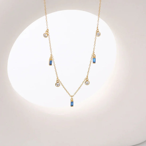 925 Sterling Silver Geometric Cube Zircon Pendant Necklace with Gold Plated Chain