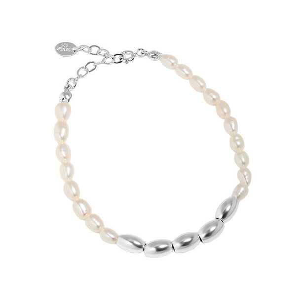 925 Sterling Silver Natural Freshwater Pearl Bracelet – Elegant Jewelry with Bead Accents