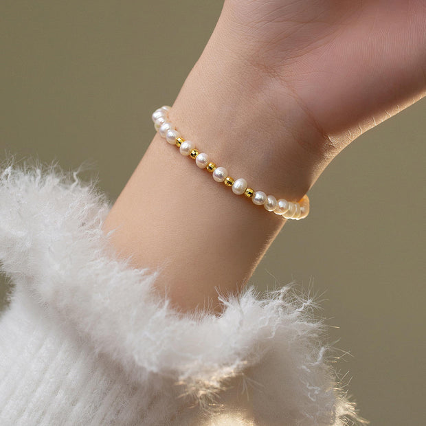 925 Sterling Silver Bracelet with Natural Pearls and Gold-Plated Round Beads