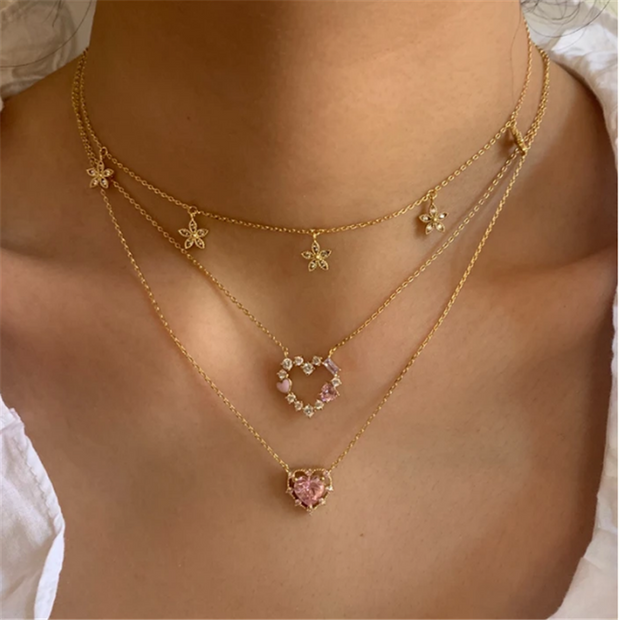 Charming Elegance: 925 Sterling Silver Love Heart Pink Zircon Necklace