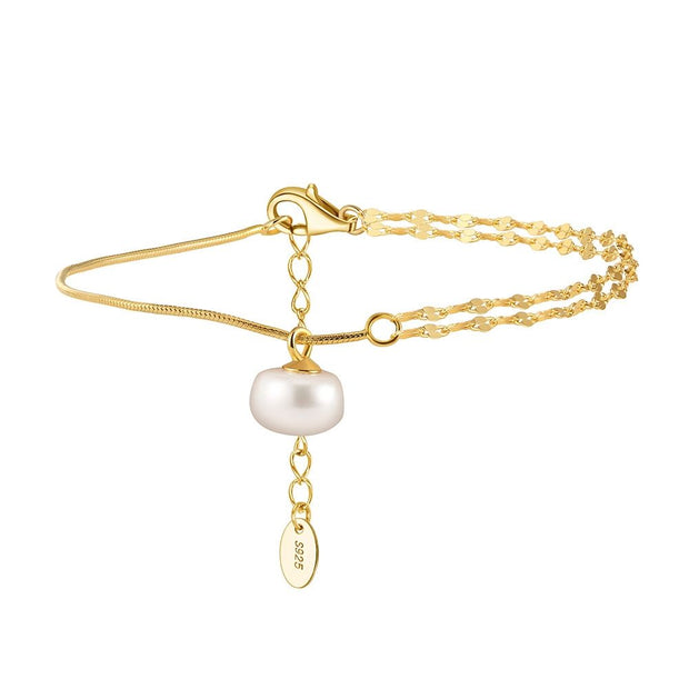 925 Sterling Silver Simple Double Chain Bracelet with Luxurious Pearl Pendant