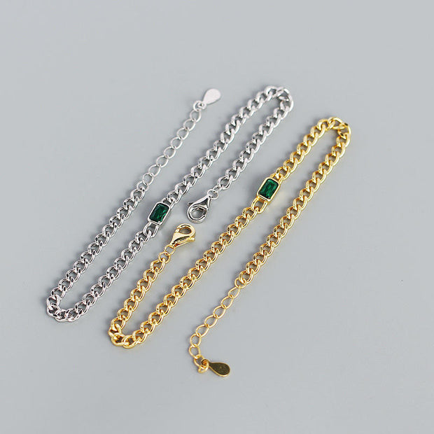 925 Sterling Silver Cable Chain Bracelet for Women – Gold-Plated with Emerald Charm