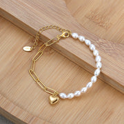 925 Sterling Silver Natural Freshwater Pearl Link Chain Bracelet with Heart Pendant