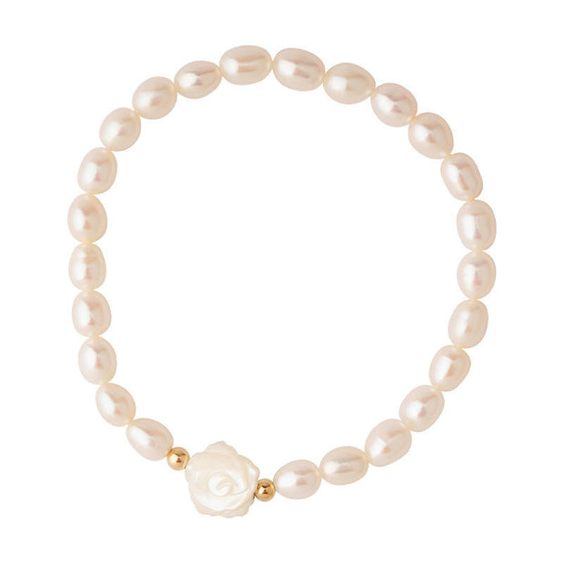 Sterling Silver Bracelet with White Natural Pearls and Shell Rose Pendant