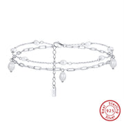 Sterling Silver Double-Layered Anklet with Pearl Beads and Charm Pendant