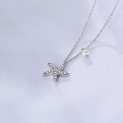 Starfish Charm: 925 Silver Pearl and Diamond Necklace with Five Star Zircon Accents