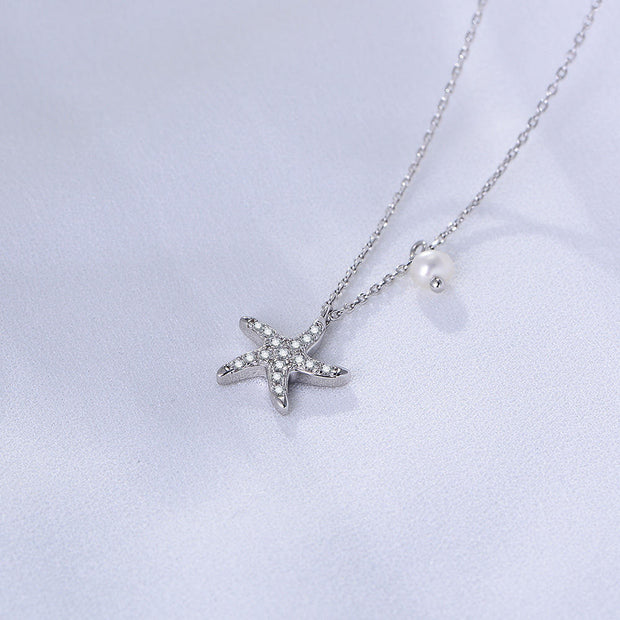 Starfish Charm: 925 Silver Pearl and Diamond Necklace with Five Star Zircon Accents