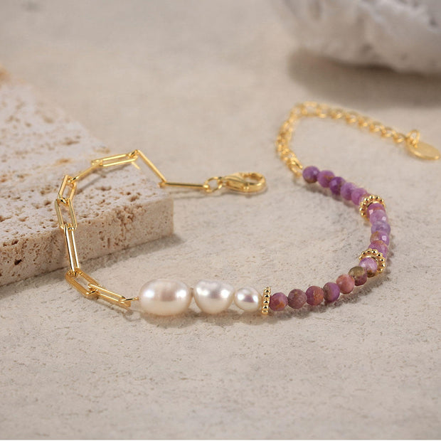 925 Sterling Silver Paper Clip Bracelet with Natural Freshwater Pearl and Purple Stone