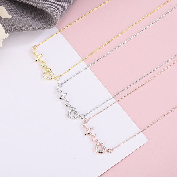 25 Sterling Silver Hollowed Love Heart Zircon Wave Heartbeat Pendant Gold Plated Necklaces