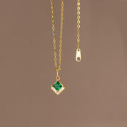 Geometric Glam: 925 Silver Rhombic Green and White Zircon Necklace