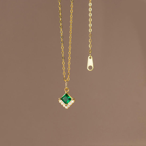 Geometric Glam: 925 Silver Rhombic Green and White Zircon Necklace