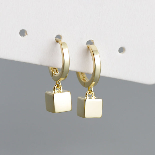 Sterling Silver Square Block Hoop Earrings – Minimalist Gold-Plated Dangles