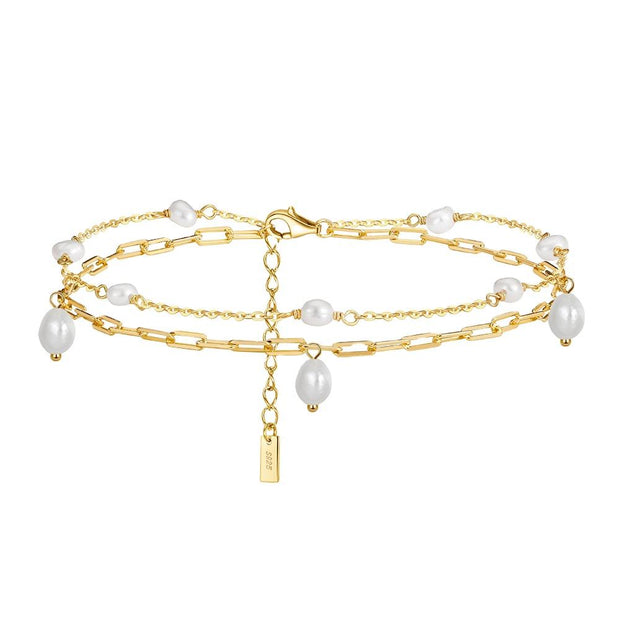 Sterling Silver Double-Layered Anklet with Pearl Beads and Charm Pendant