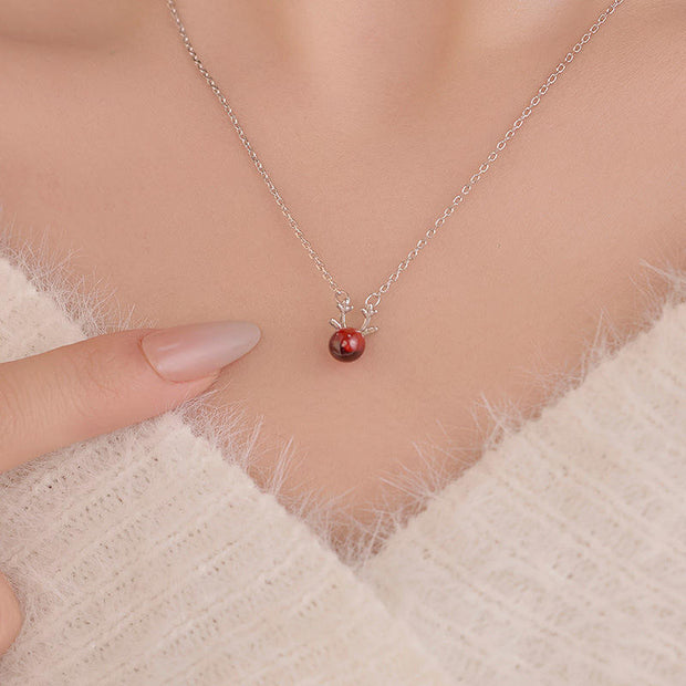 Christmas Fashion Deer Antlers Shape Jewelry, S925 Sterling Silver Pomegranate Red Gold Plated Necklace