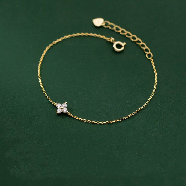 925 Sterling Silver Minimalist Clover Bracelet, Gold-Plated with Zircon Flower Petals