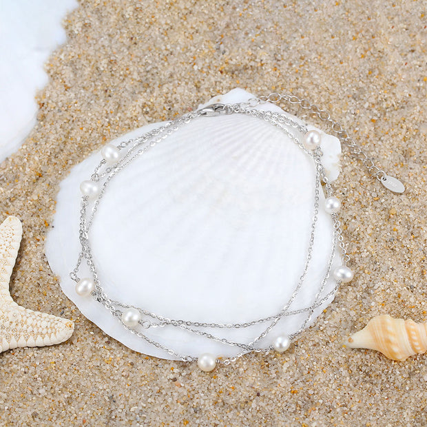 925 Sterling Silver Triple-Layered Beach Anklet with Small White Pearls