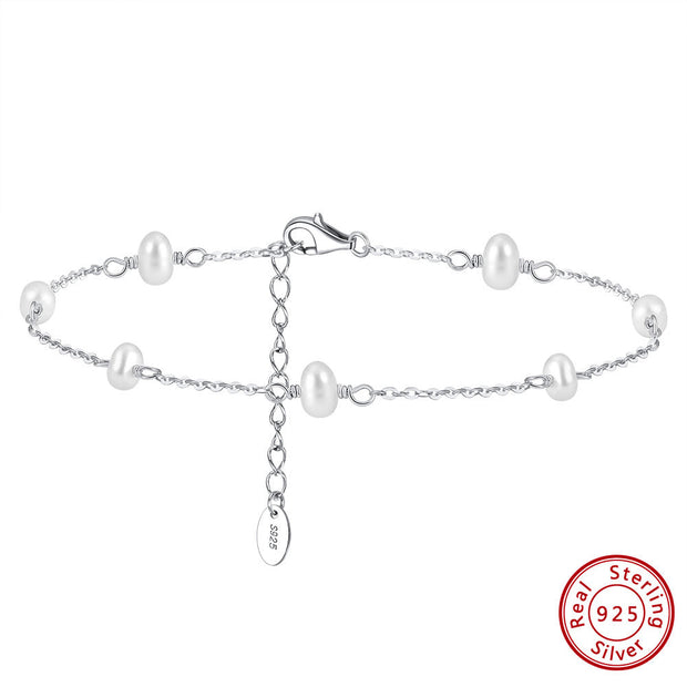 925 Sterling Silver Floating Pearl Station Anklet