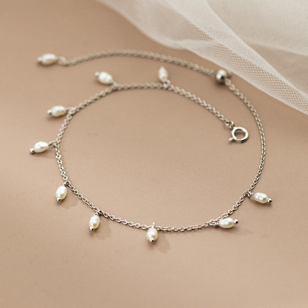 925 Sterling Silver Multiple Freshwater Pearls Dangling Anklet