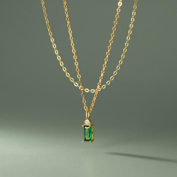 Emerald Harmony: 925 Silver Long Rectangular Green and White Zircon Necklace