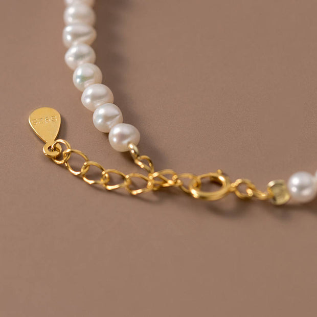 Delicate 925 Sterling Silver Bracelet with Small White Pearls and Gold Beads