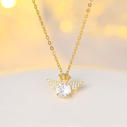 925 Sterling Silver Angel Wings Crown Zircon Gold Plated Necklace for Women