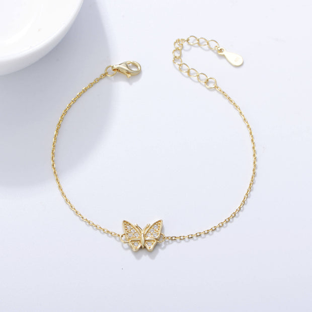 925 Sterling Silver Butterfly Diamond Zircon Gold-Plated Bracelet