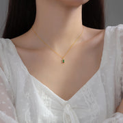 Emerald Harmony: 925 Silver Long Rectangular Green and White Zircon Necklace