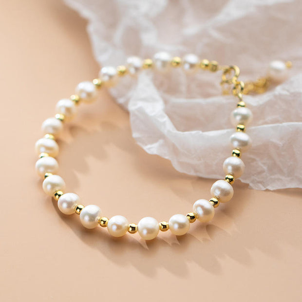 Fine Jewelry 925 Sterling Silver Friendship Bracelet with Natural Baroque Pearls and Small Beads