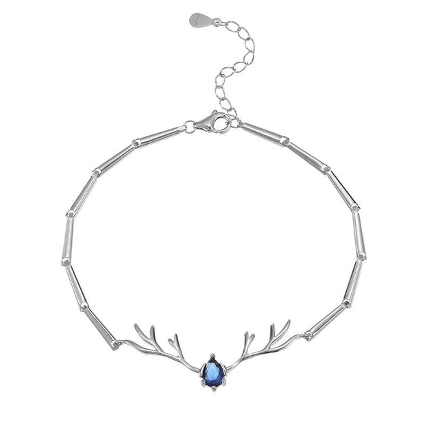 Sterling Silver Christmas Deer Antlers Bracelet with Water Drop Zircon