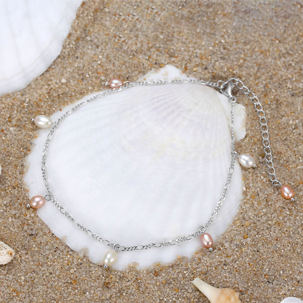 Sterling Silver Anklet with Pastel Pink and White Pearls on Figaro Chain