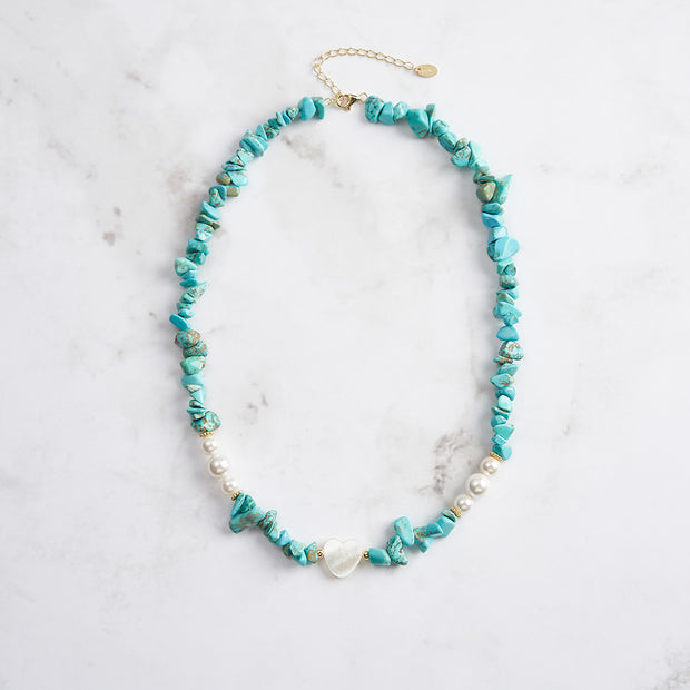 Irregular Natural Turquoise & Freshwater Pearl Beaded Necklace