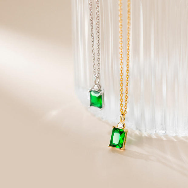 Emerald Square: 925 Silver Rectangular Green Cubic Zircon Necklace