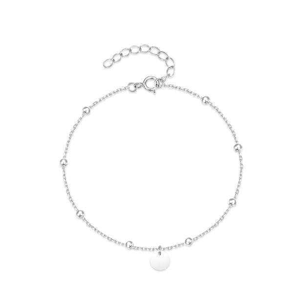 925 Sterling Silver Simple Round Disc Pendant and Small Beads Ball Chain Gold-Plated Bracelets