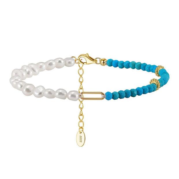 925 Sterling Silver Bracelet with Natural Freshwater Pearl and Turquoise Stone