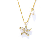 Starfish Charm: 925 Silver Pearl and Diamond Necklace with Five Star Zircon Accents