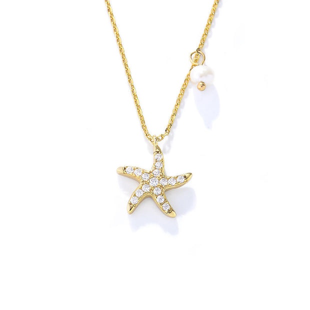 Starfish Charm: 925 Silver Pearl and Diamond Necklace with Five Star Zircon Accents