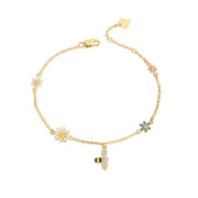 925 Sterling Silver Gold Plated Bracelet with Colorful Enamel Bee and Flower Accents, Sparkling Diamonds