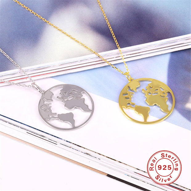 Explore the World: 925 Sterling Silver Earth Map Pendant Necklace