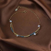 925 Silver Double Layer Gold Chain Bracelet with Pearl Beads Pendant