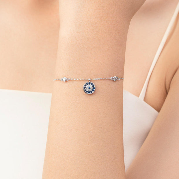 925 Sterling Silver Evil Eye Bracelet – Blue Devil Eye with Diamond-Like Zircon