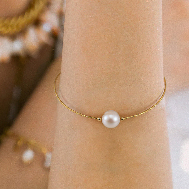 Sterling Silver Single Pearl Bracelet, 925 Sterling Silver Gold-Plated Natural Freshwater Pearl Jewelry