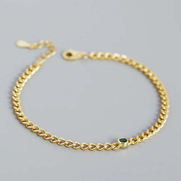 925 Sterling Silver Gold Plated Curb Chain Bracelet – Fashion Jewelry with Emerald Green Zircon