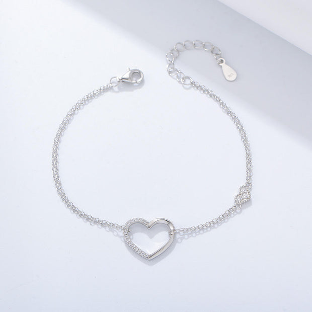 925 Sterling Silver Hollow Love Heart Zircon Double Chain Gold Plated Bracelet