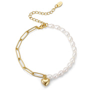 925 Sterling Silver Natural Freshwater Pearl Link Chain Bracelet with Heart Pendant