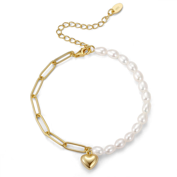 925 Sterling Silver Natural Freshwater Pearl Link Chain Bracelet with Heart Pendant